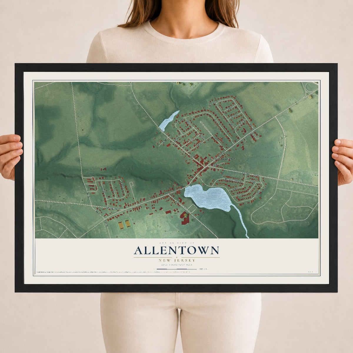 Allentown, New Jersey map print, 18" x 24" W/ Black Ayous Wood Frame mockup