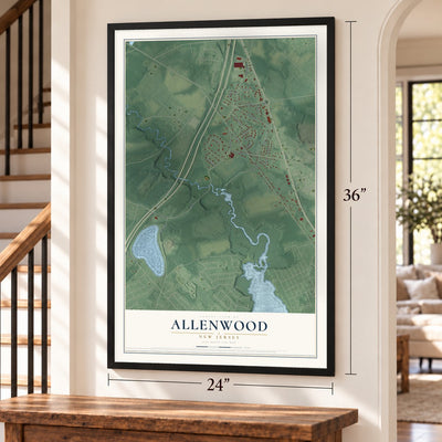 Allenwood, New Jersey map, 24 x 36 inch print in a black frame by a staircase