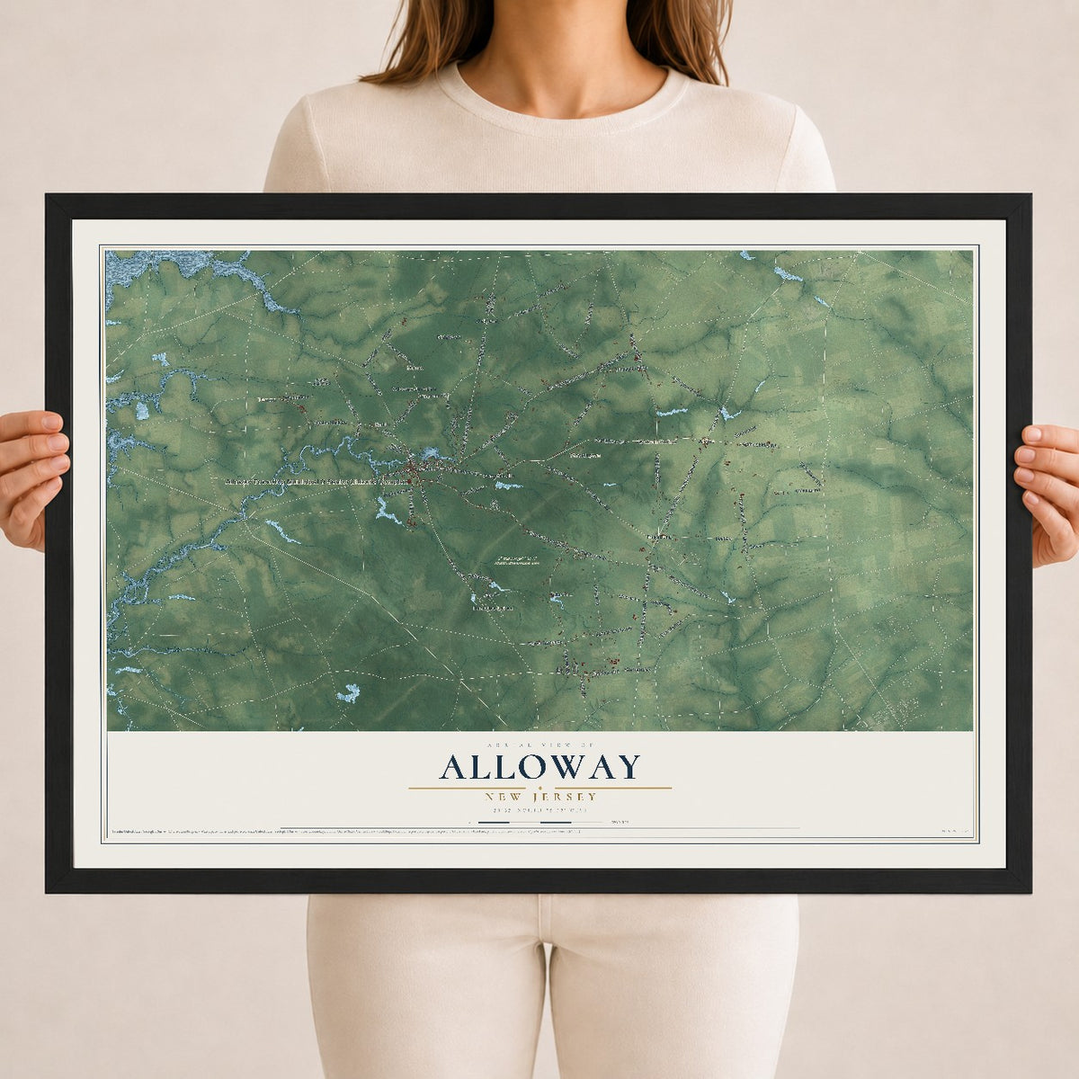 Alloway, New Jersey map print, 18" x 24" W/ Black Ayous Wood Frame mockup