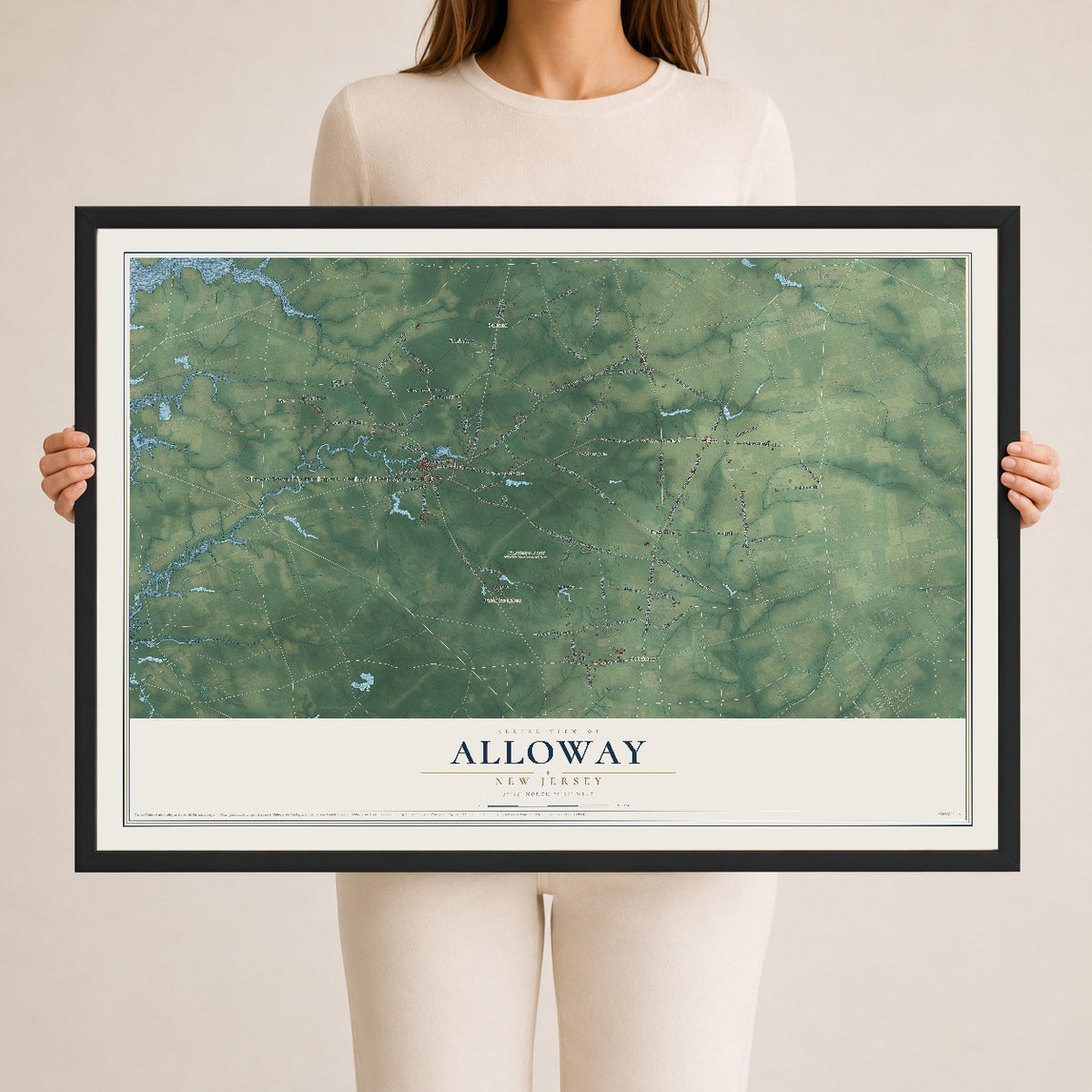 Alloway, New Jersey map print, 24" x 36" W/ Black Ayous Wood Frame mockup