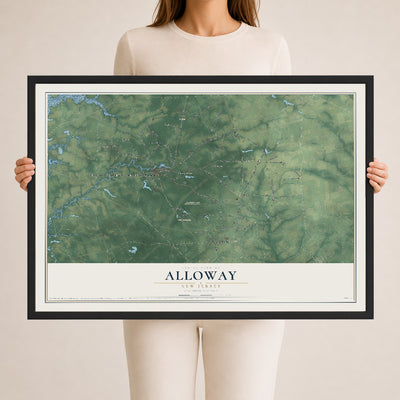 Alloway, New Jersey map print, 24" x 36" W/ Black Ayous Wood Frame mockup