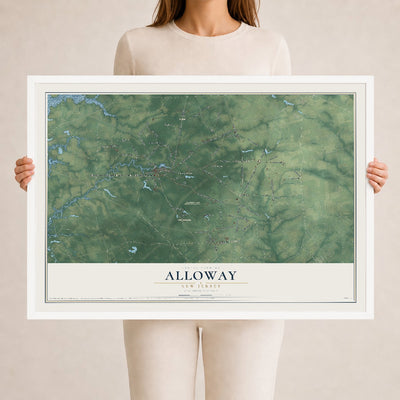 Alloway, New Jersey map print, 24" x 36" W/ White Ayous Wood Frame mockup