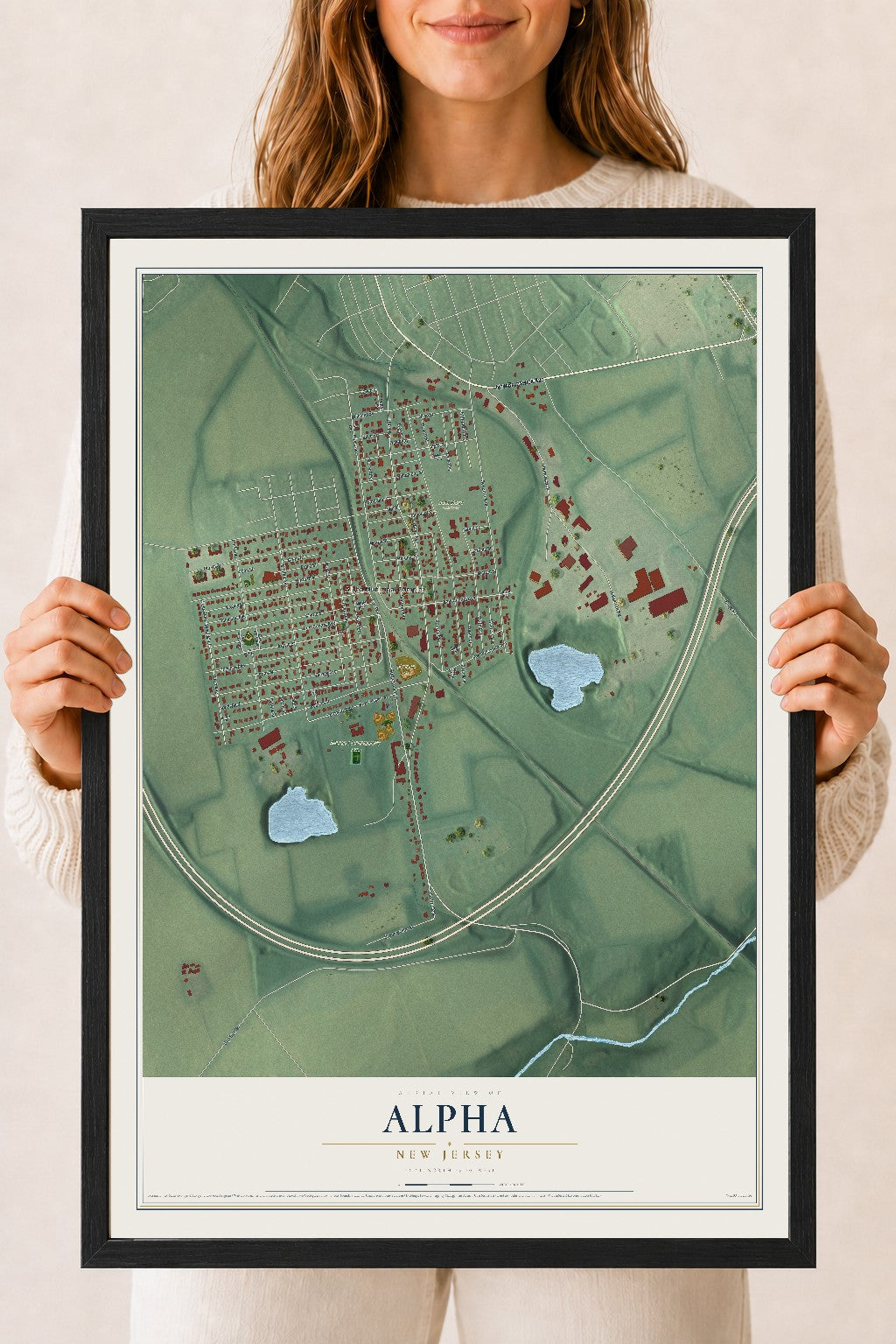 Alpha, New Jersey map print, 18" x 24" W/ Black Ayous Wood Frame mockup