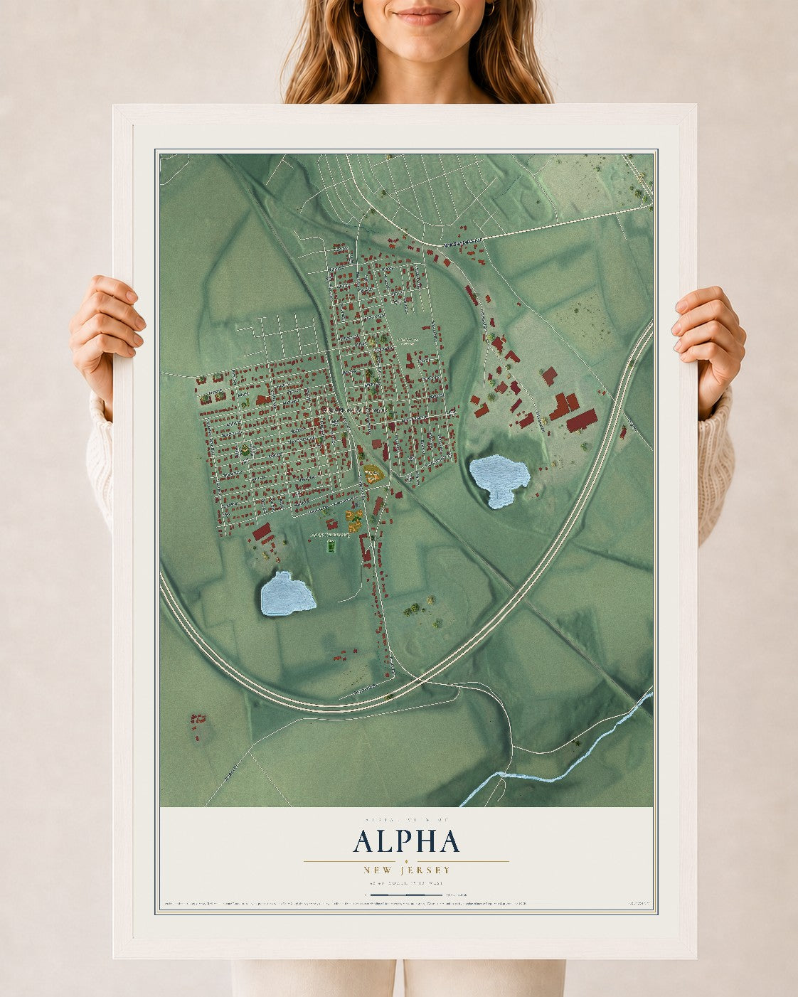 Alpha, New Jersey map print, 24" x 36" W/ White Ayous Wood Frame mockup