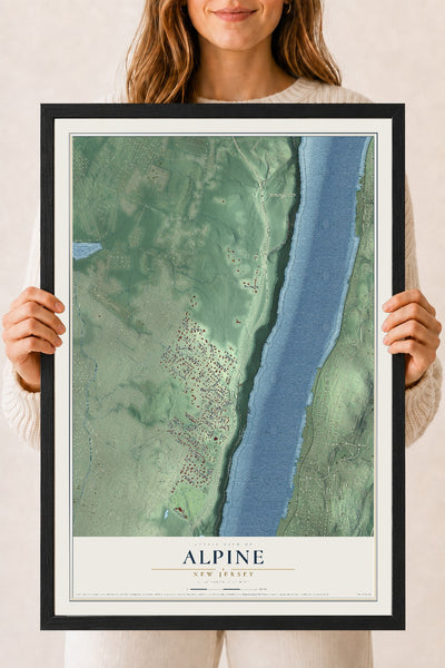Alpine, New Jersey map print, 18" x 24" W/ Black Ayous Wood Frame mockup