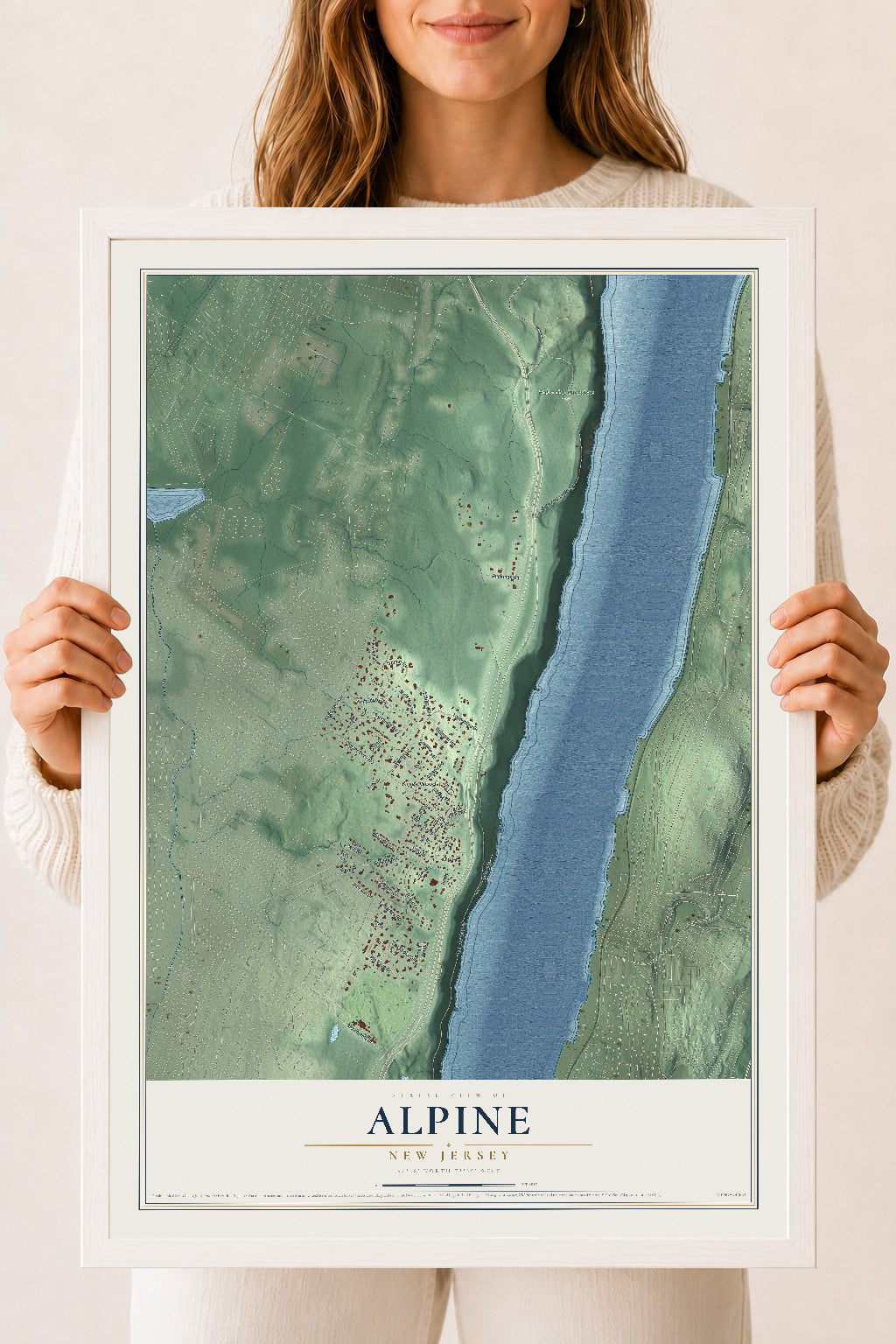 Alpine, New Jersey map print, 18" x 24" W/ White Ayous Wood Frame mockup