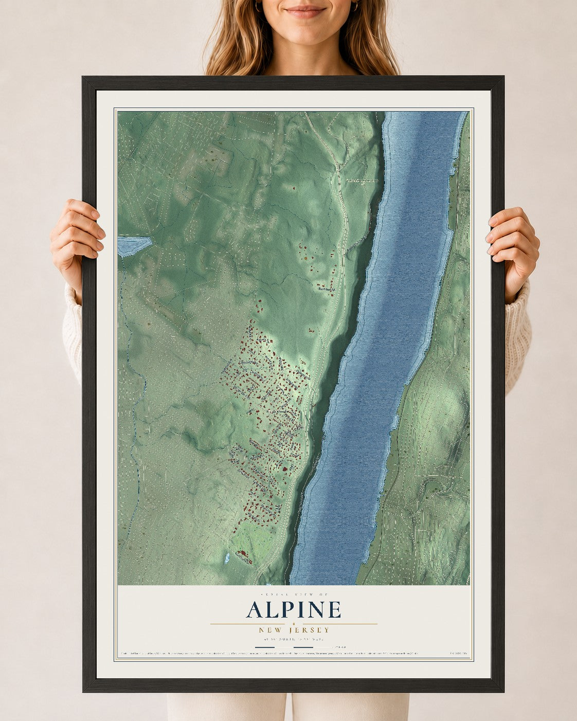 Alpine, New Jersey map print, 24" x 36" W/ Black Ayous Wood Frame mockup