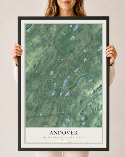 Andover, New Jersey map print, 24" x 36" W/ Black Ayous Wood Frame mockup