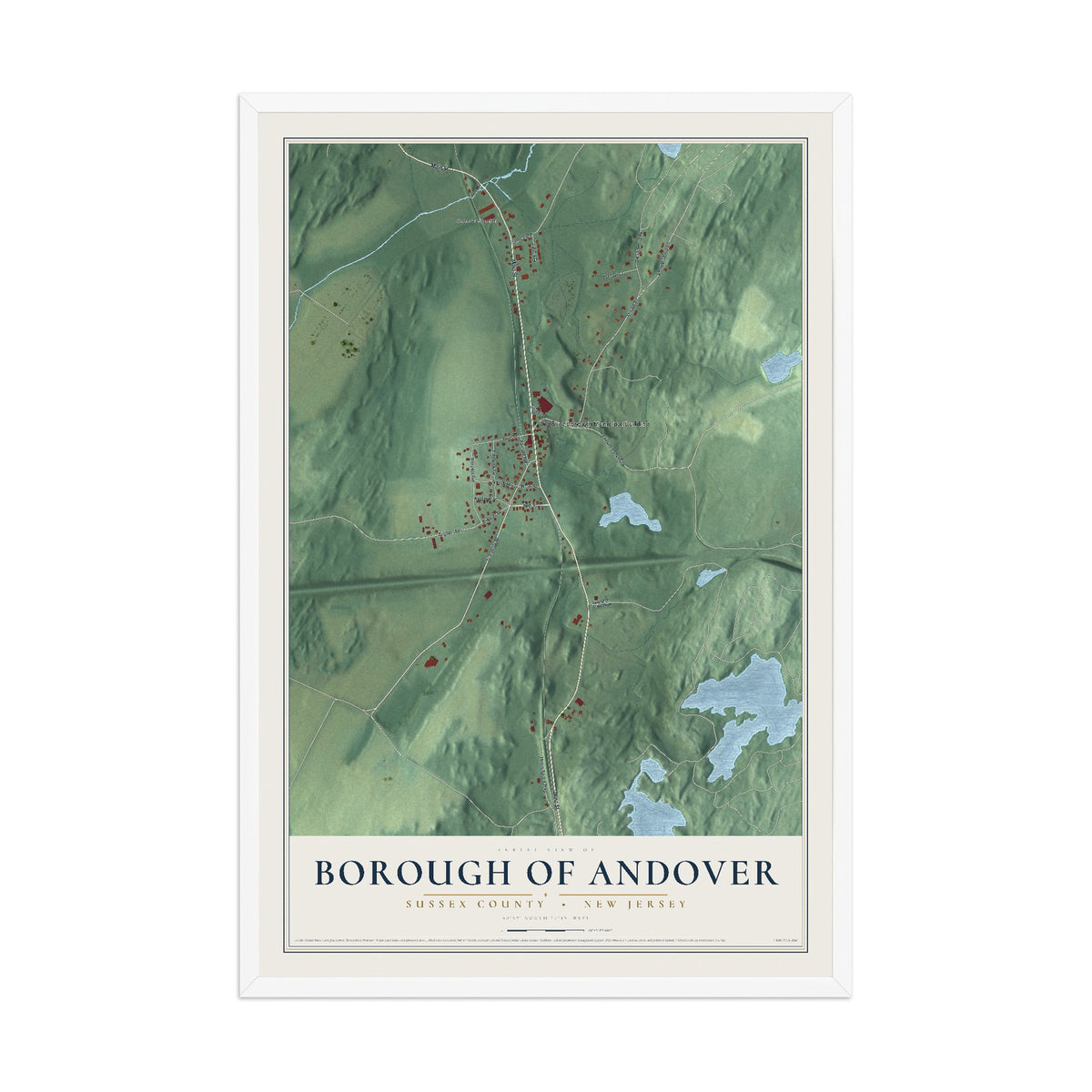 Borough of Andover, New Jersey map print, 12" x 18" W/ White Ayous Wood Frame mockup