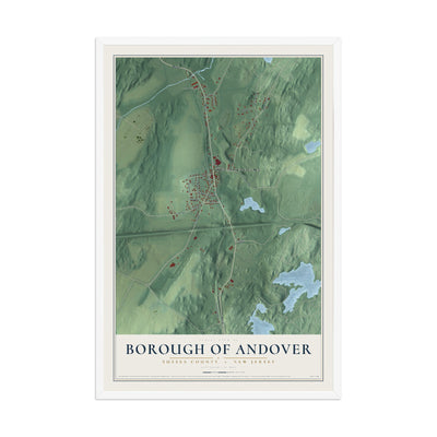 Borough of Andover, New Jersey map print, 12" x 18" W/ White Ayous Wood Frame mockup