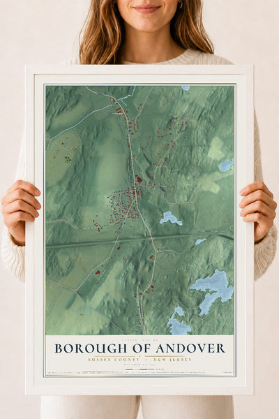 Borough of Andover, New Jersey map print, 18" x 24" W/ White Ayous Wood Frame mockup