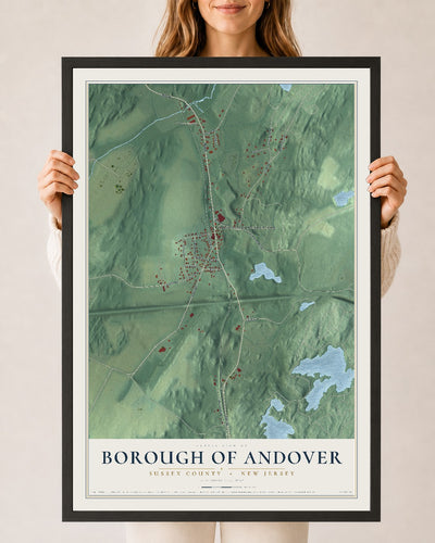 Borough of Andover, New Jersey map print, 24" x 36" W/ Black Ayous Wood Frame mockup