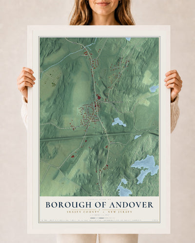 Borough of Andover, New Jersey map print, 24" x 36" W/ White Ayous Wood Frame mockup