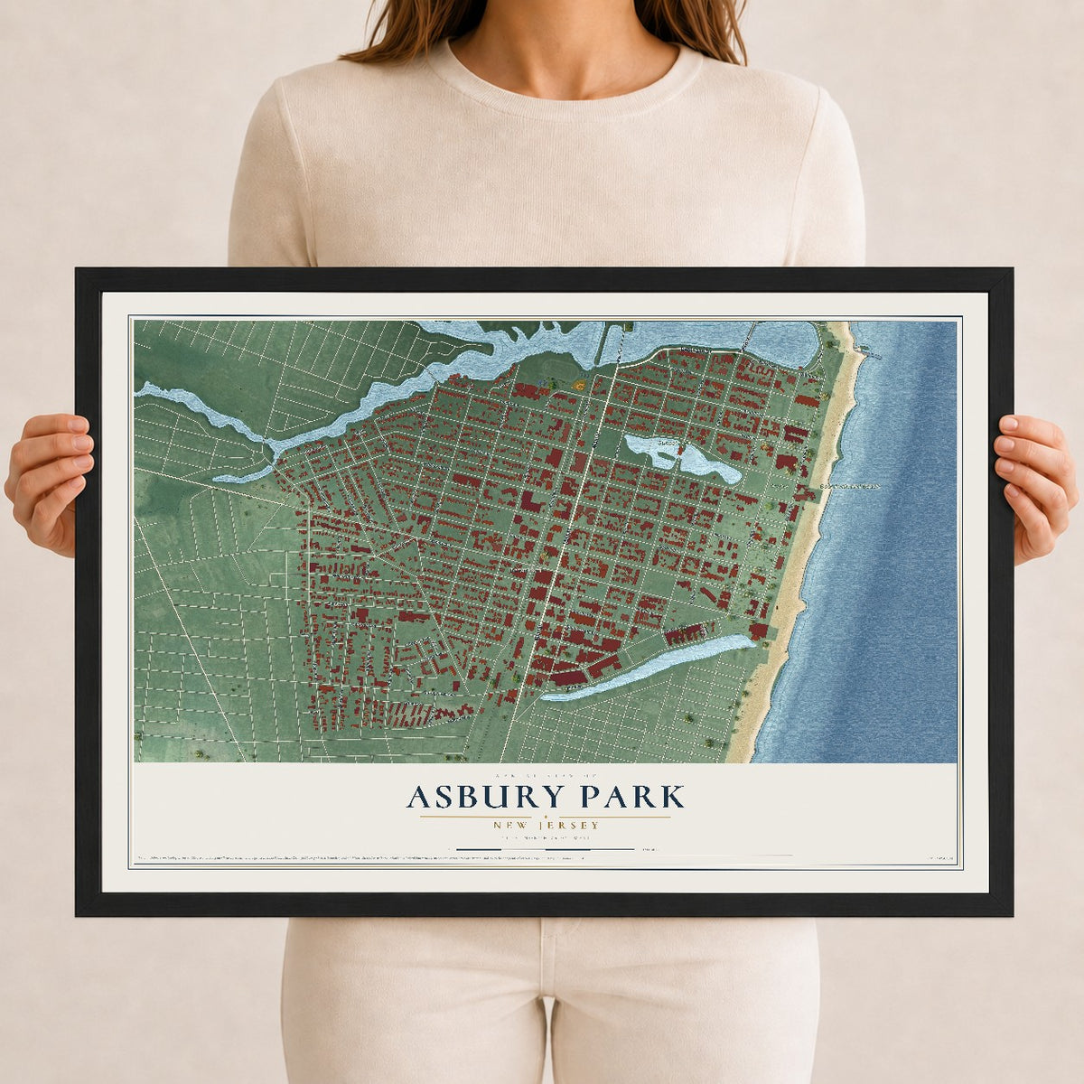 Asbury Park, New Jersey map print, 12" x 18" W/ Black Ayous Wood Frame mockup