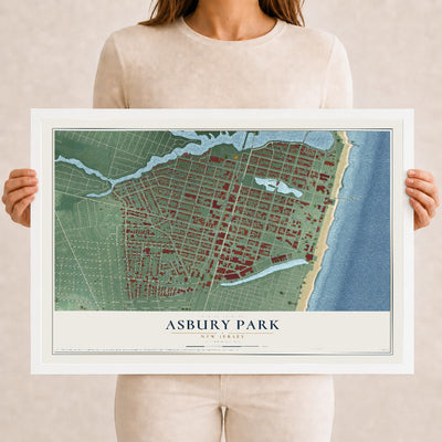 Asbury Park, New Jersey map print, 12" x 18" W/ White Ayous Wood Frame mockup