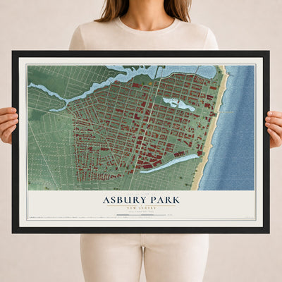 Asbury Park, New Jersey map print, 18" x 24" W/ Black Ayous Wood Frame mockup