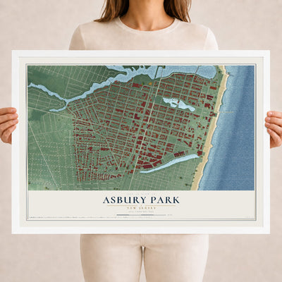 Asbury Park, New Jersey map print, 18" x 24" W/ White Ayous Wood Frame mockup
