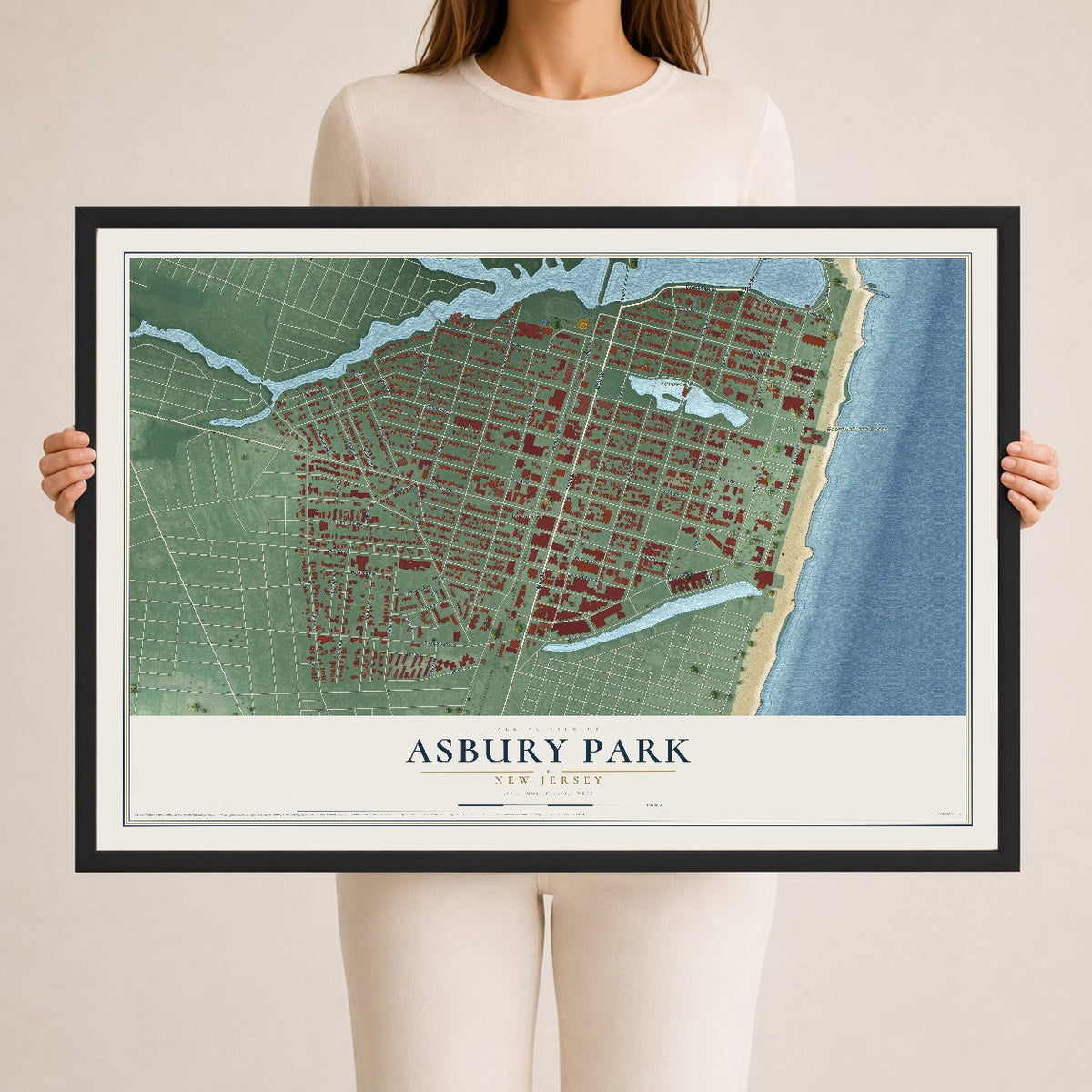 Asbury Park, New Jersey map print, 24" x 36" W/ Black Ayous Wood Frame mockup