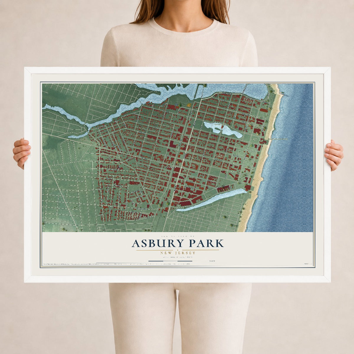 Asbury Park, New Jersey map print, 24" x 36" W/ White Ayous Wood Frame mockup