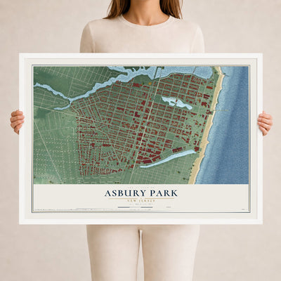 Asbury Park, New Jersey map print, 24" x 36" W/ White Ayous Wood Frame mockup