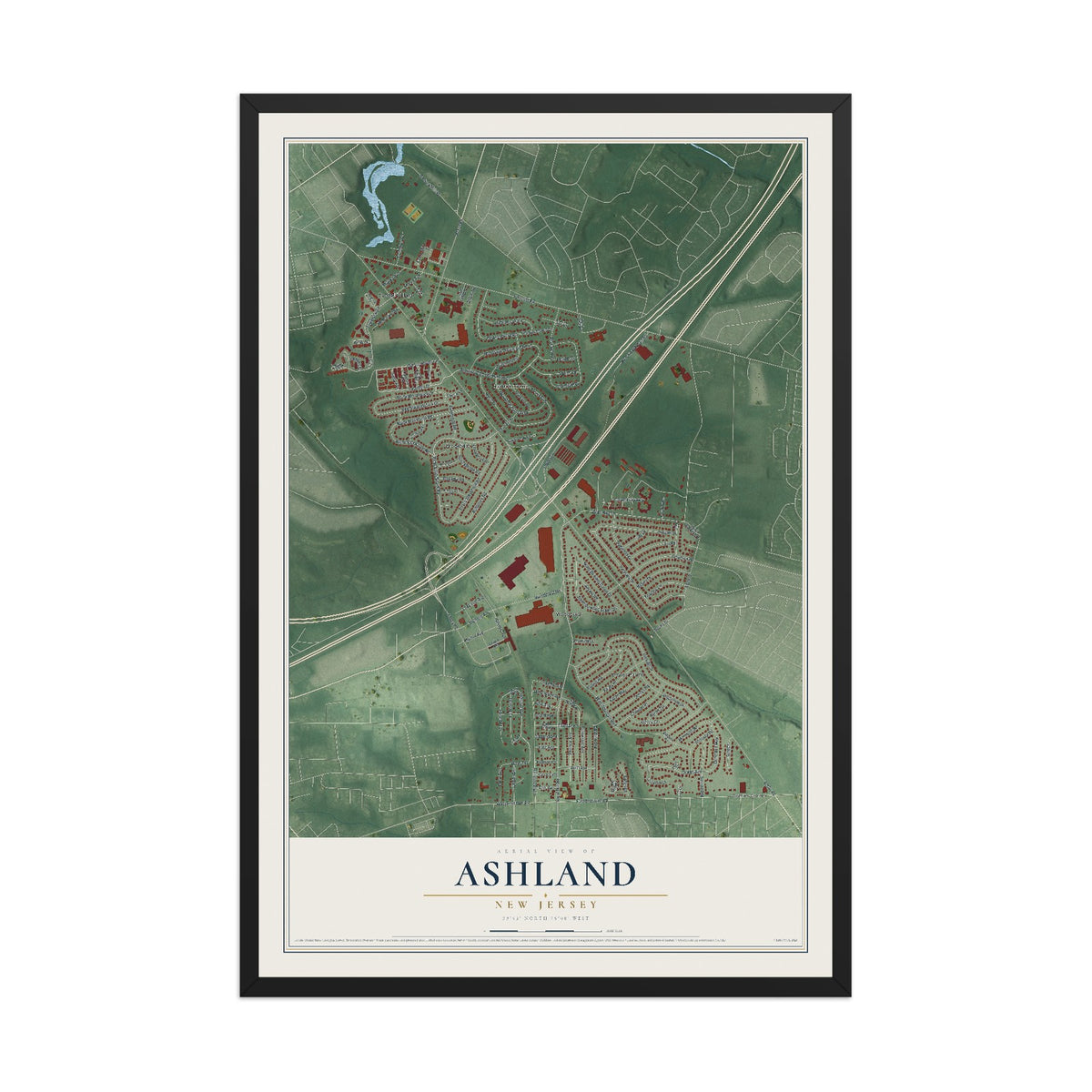Ashland, New Jersey map print, 12" x 18" W/ Black Ayous Wood Frame mockup