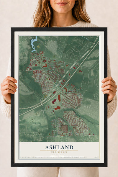 Ashland, New Jersey map print, 18" x 24" W/ Black Ayous Wood Frame mockup