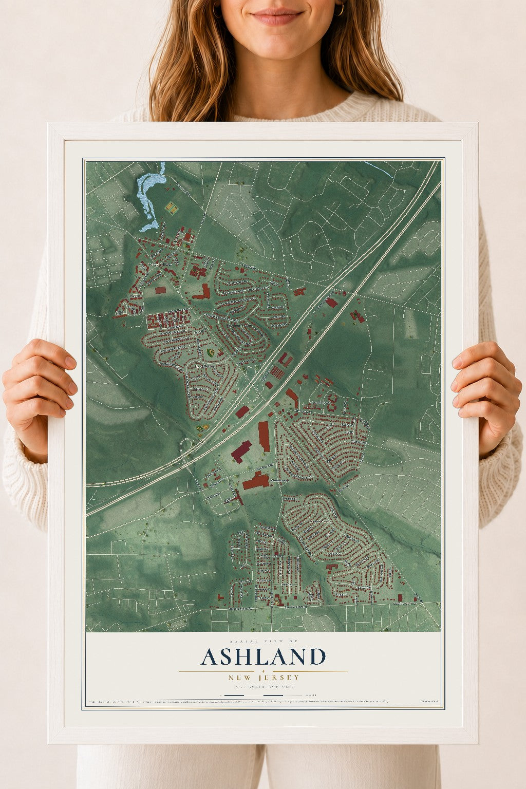 Ashland, New Jersey map print, 18" x 24" W/ White Ayous Wood Frame mockup