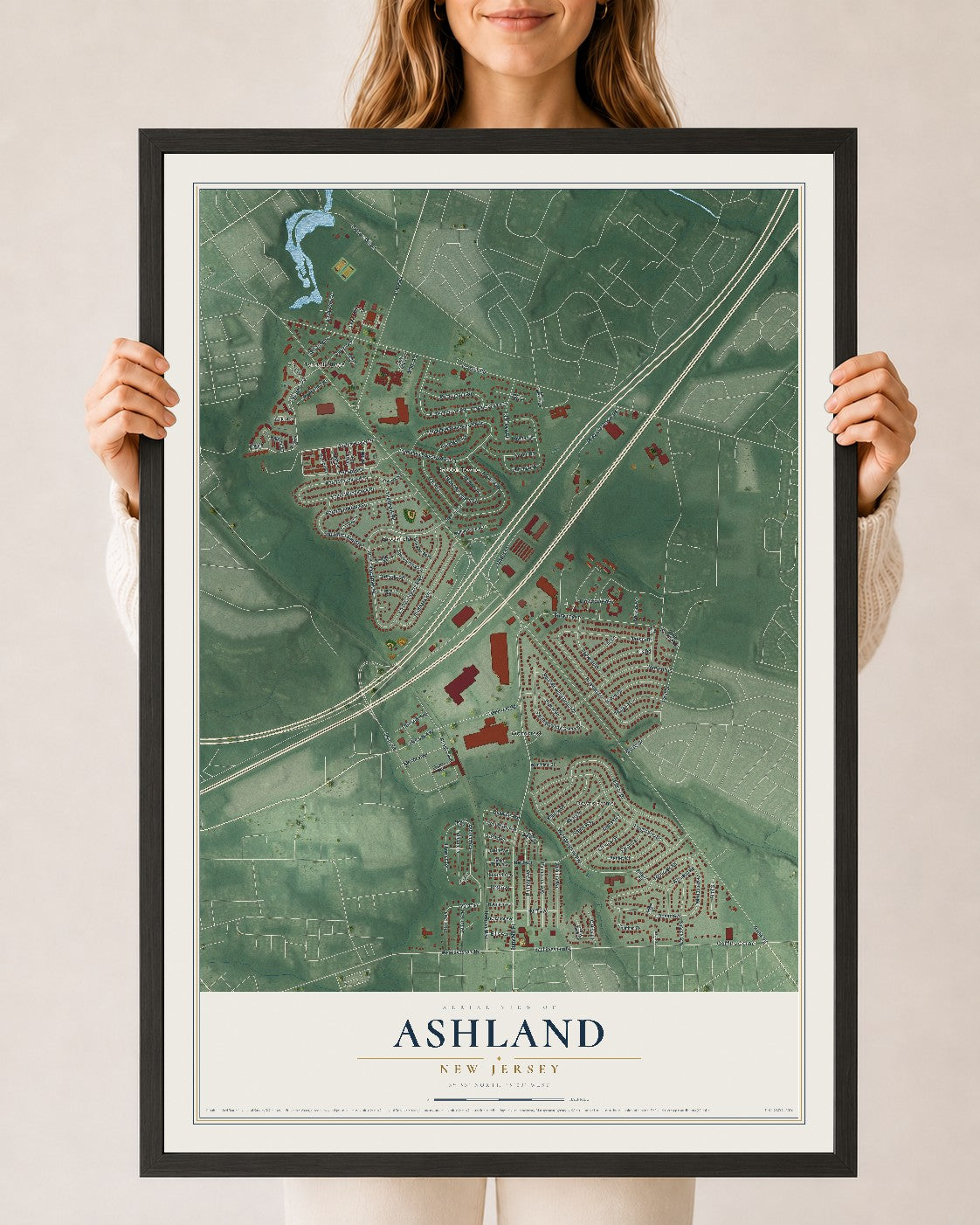 Ashland, New Jersey map print, 24" x 36" W/ Black Ayous Wood Frame mockup