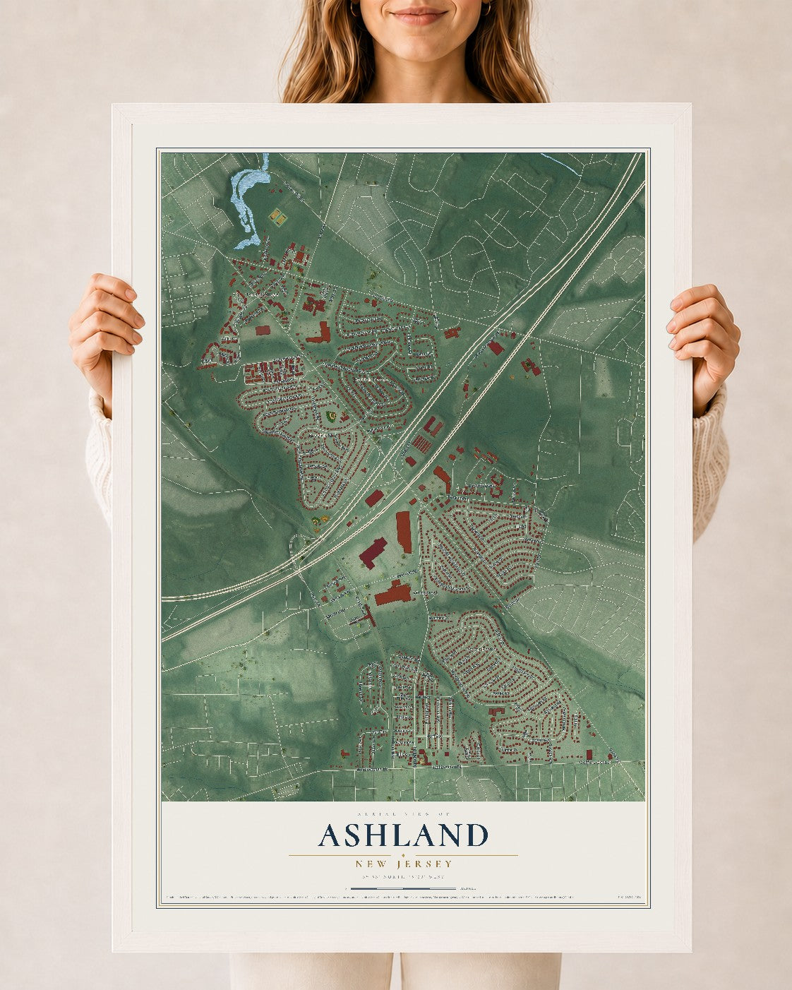 Ashland, New Jersey map print, 24" x 36" W/ White Ayous Wood Frame mockup
