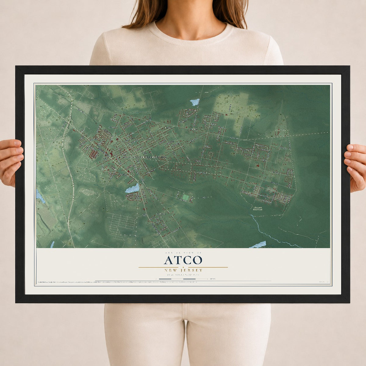 Atco, New Jersey map print, 18" x 24" W/ Black Ayous Wood Frame mockup