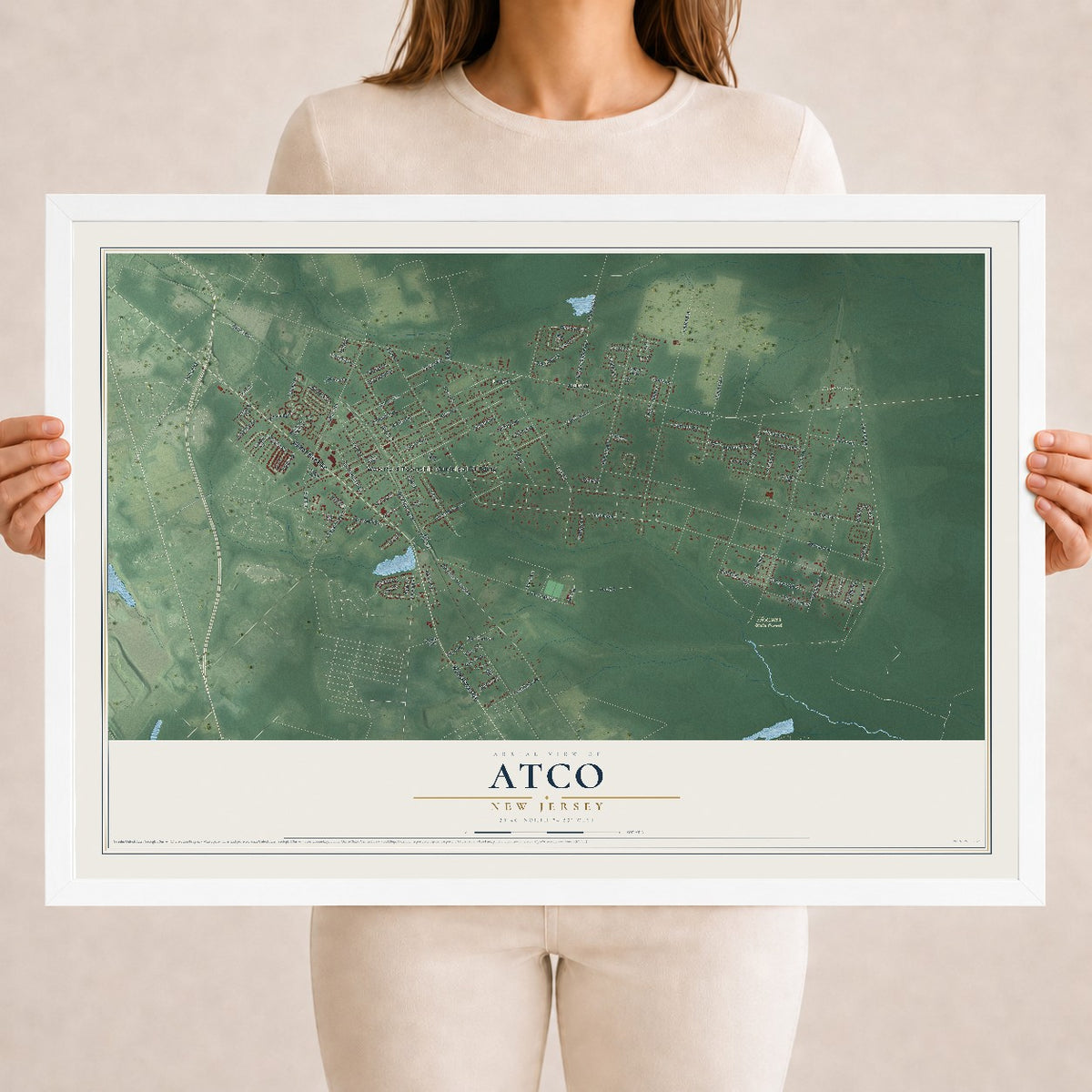 Atco, New Jersey map print, 18" x 24" W/ White Ayous Wood Frame mockup