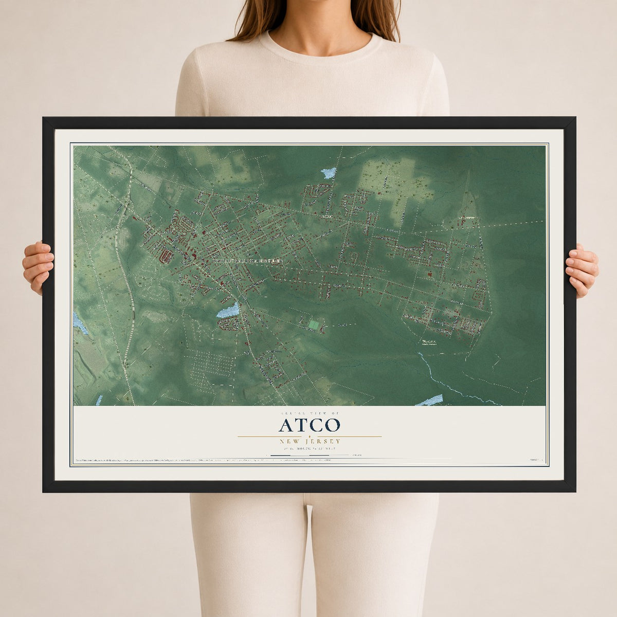 Atco, New Jersey map print, 24" x 36" W/ Black Ayous Wood Frame mockup