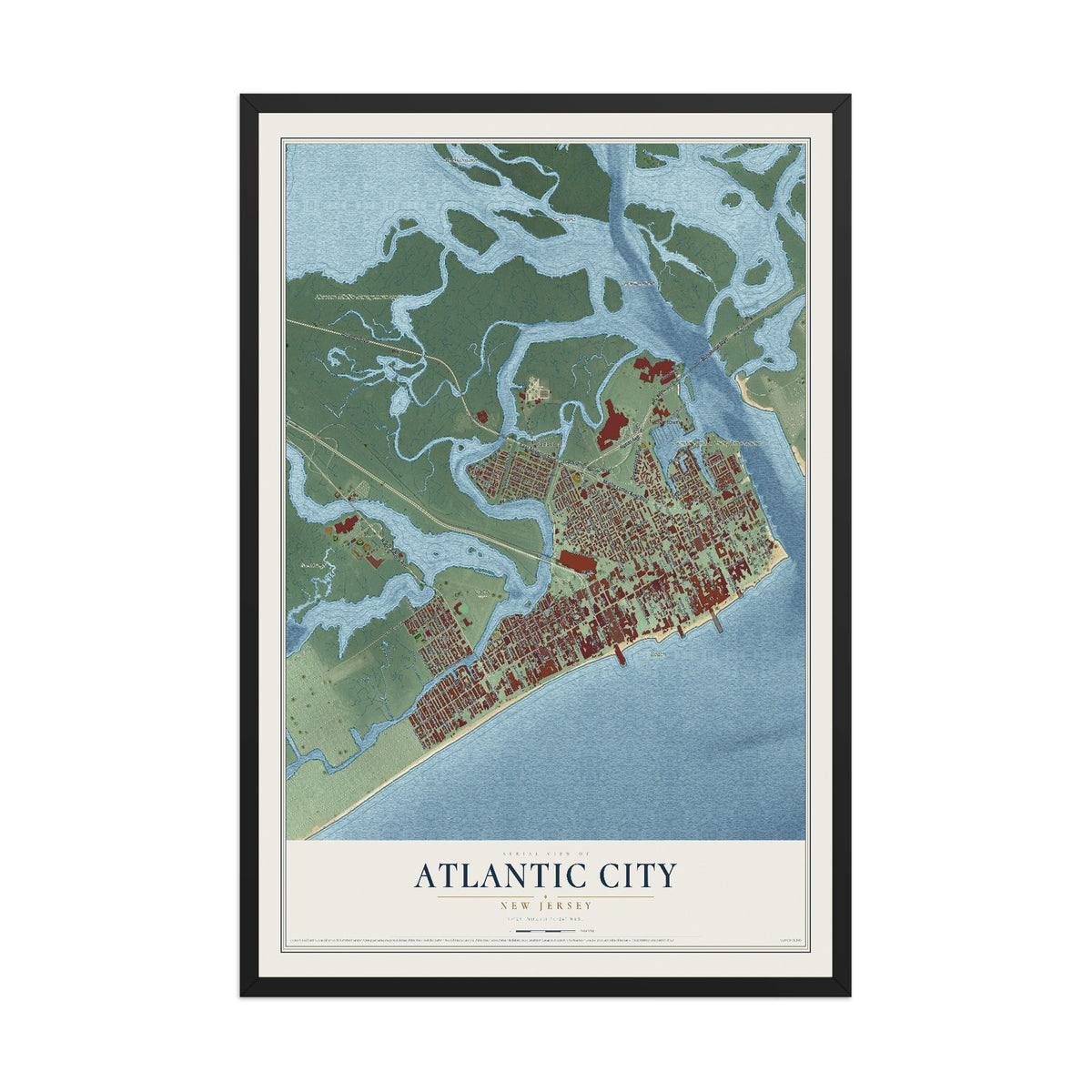 Atlantic City, New Jersey map print, 12" x 18" W/ Black Ayous Wood Frame mockup