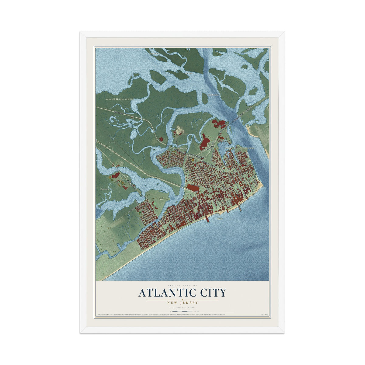 Atlantic City, New Jersey map print, 12" x 18" W/ White Ayous Wood Frame mockup