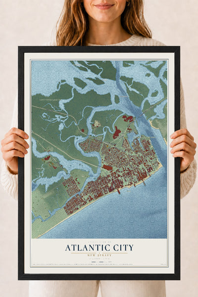 Atlantic City, New Jersey map print, 18" x 24" W/ Black Ayous Wood Frame mockup