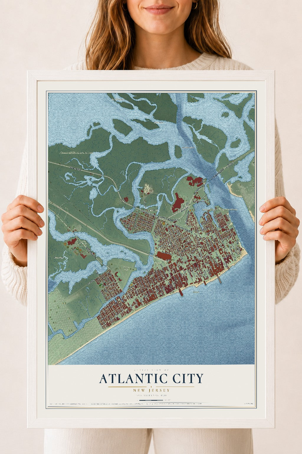 Atlantic City, New Jersey map print, 18" x 24" W/ White Ayous Wood Frame mockup