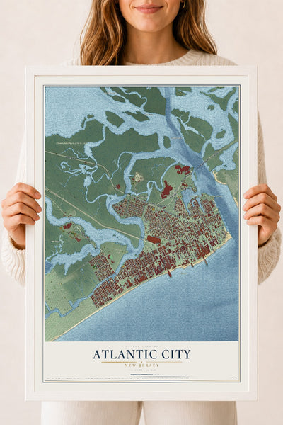 Atlantic City, New Jersey map print, 18" x 24" W/ White Ayous Wood Frame mockup