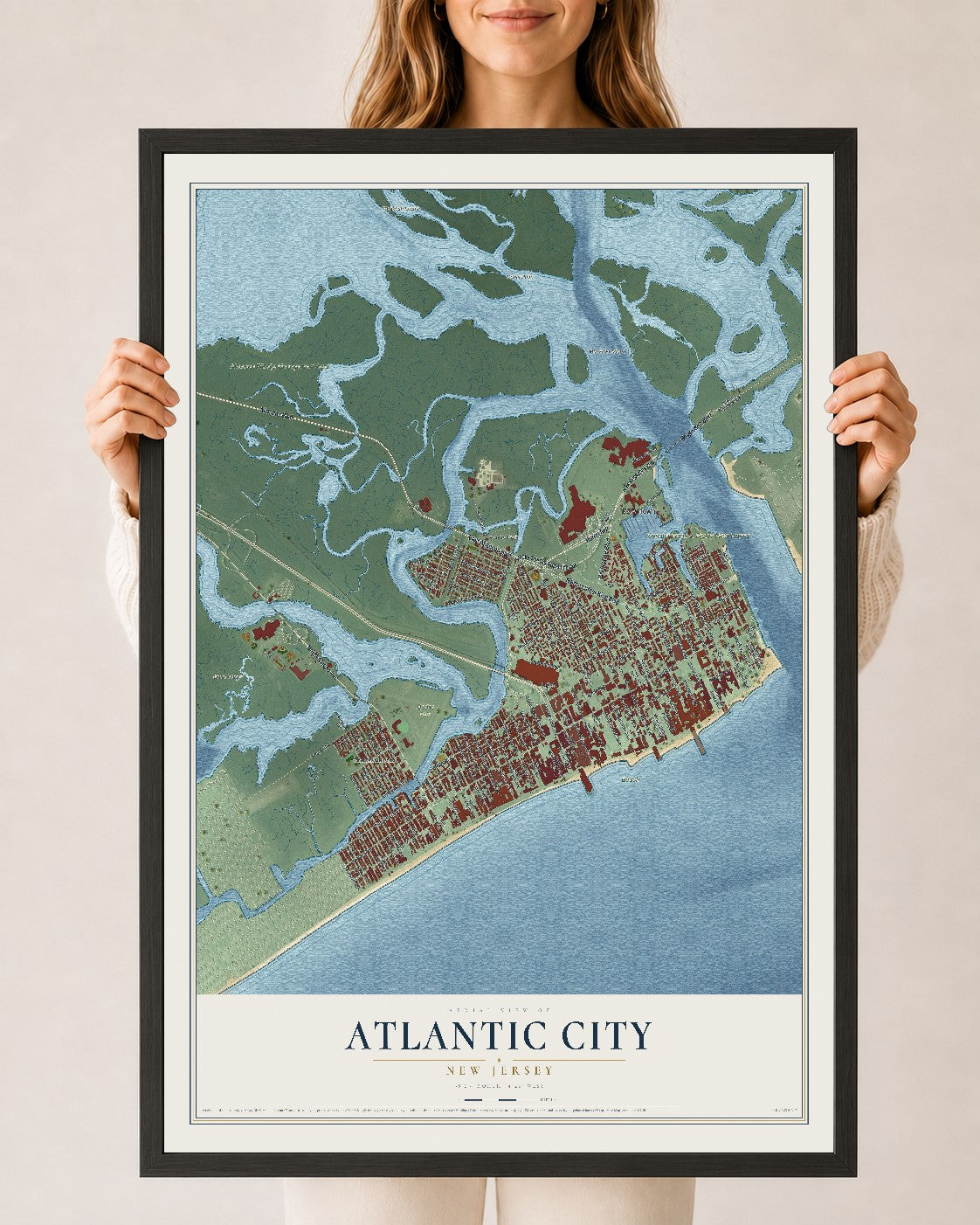 Atlantic City, New Jersey map print, 24" x 36" W/ Black Ayous Wood Frame mockup