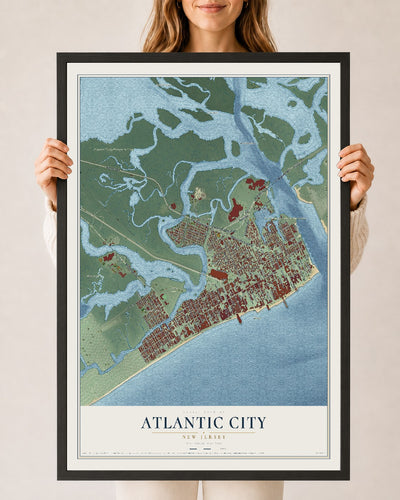 Atlantic City, New Jersey map print, 24" x 36" W/ Black Ayous Wood Frame mockup