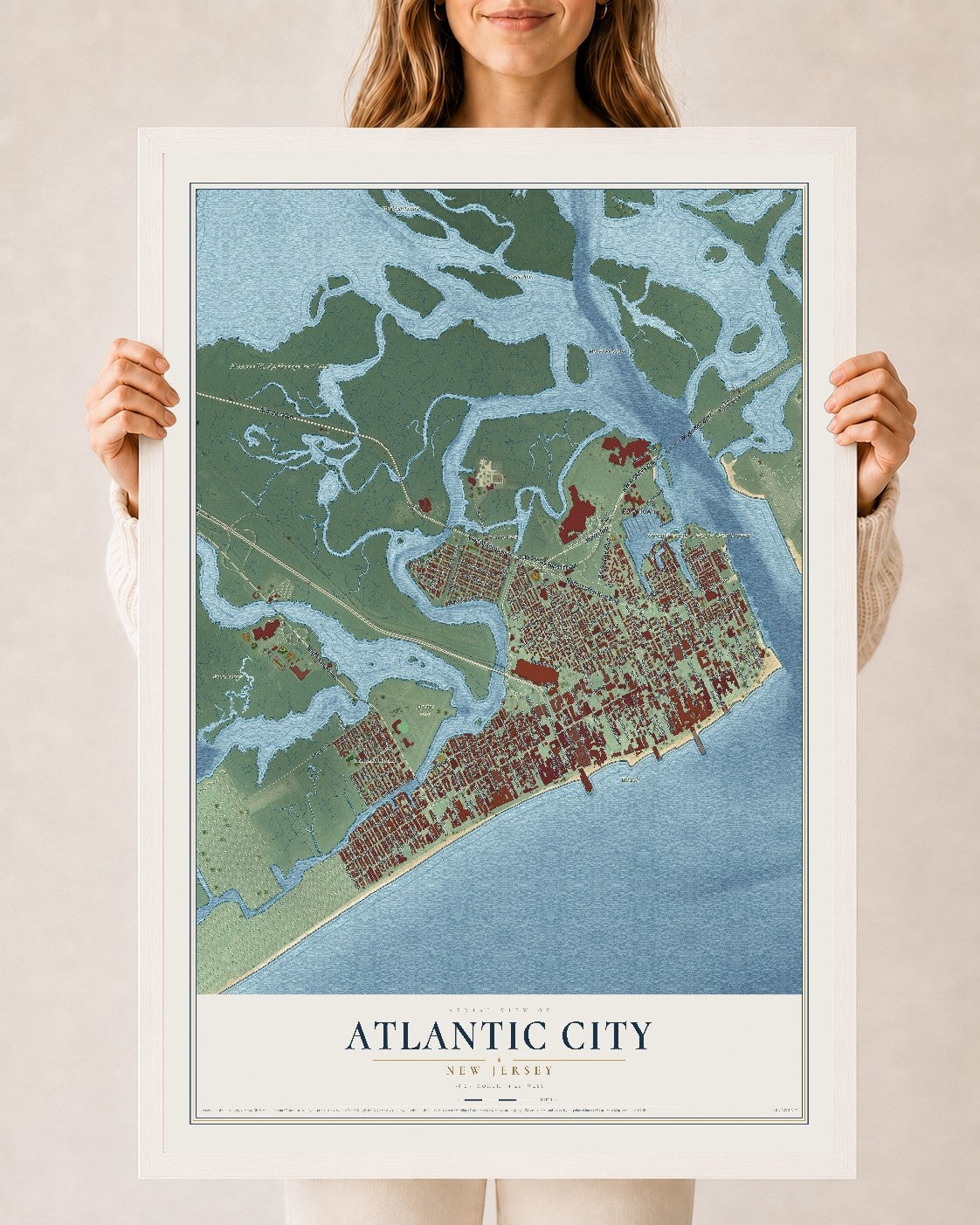 Atlantic City, New Jersey map print, 24" x 36" W/ White Ayous Wood Frame mockup
