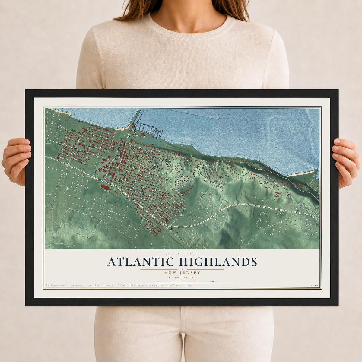 Atlantic Highlands, New Jersey map print, 12" x 18" W/ Black Ayous Wood Frame mockup