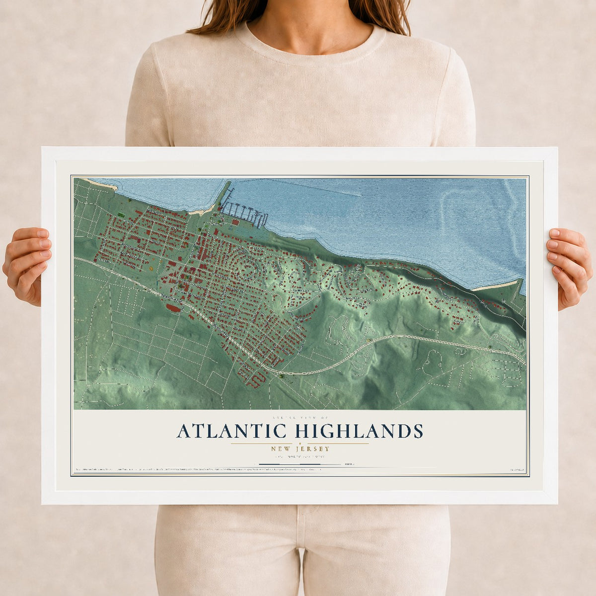 Atlantic Highlands, New Jersey map print, 12" x 18" W/ White Ayous Wood Frame mockup