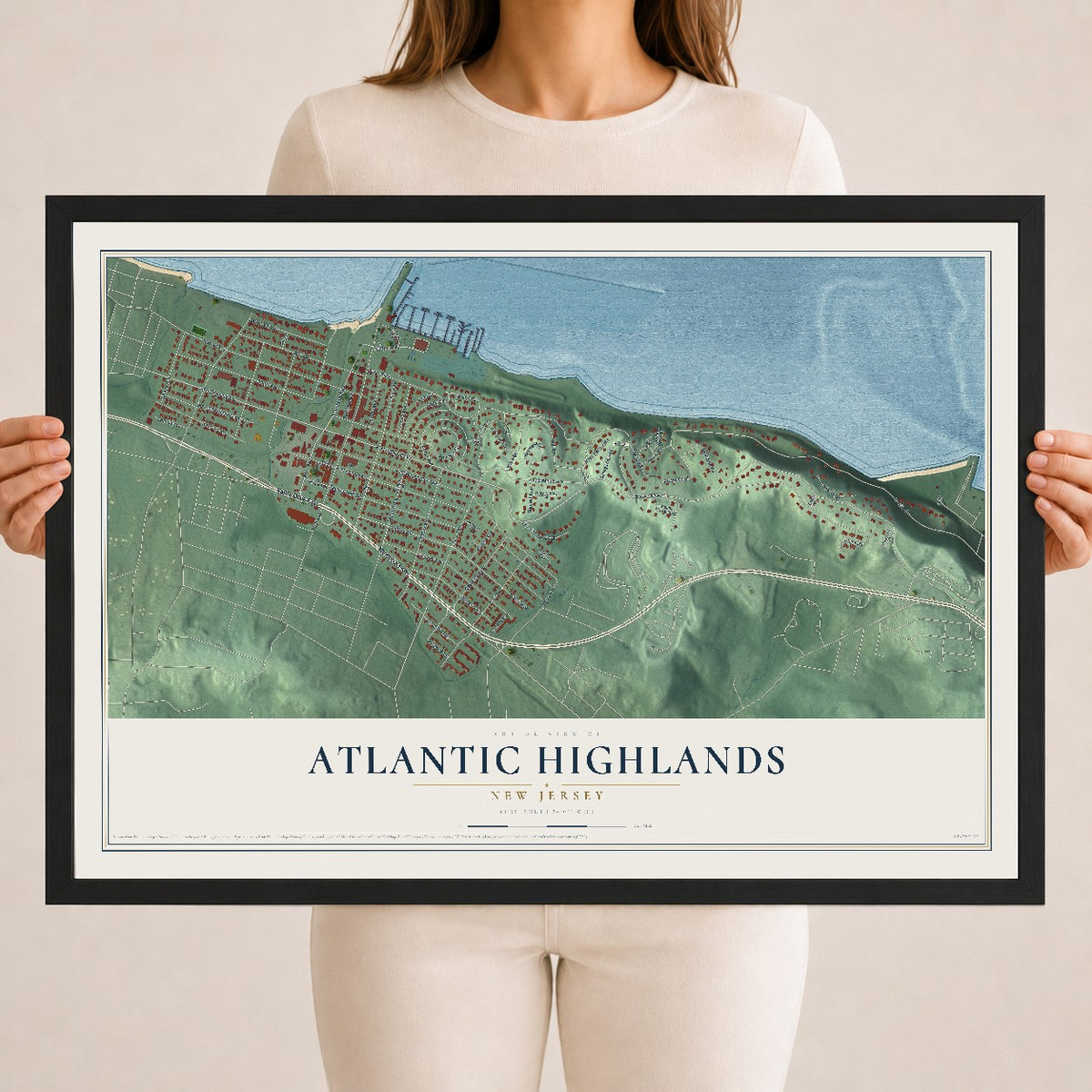 Atlantic Highlands, New Jersey map print, 18" x 24" W/ Black Ayous Wood Frame mockup