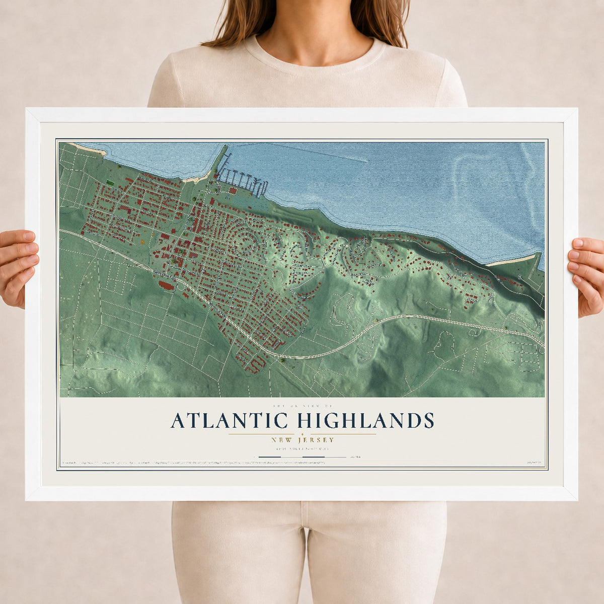 Atlantic Highlands, New Jersey map print, 18" x 24" W/ White Ayous Wood Frame mockup