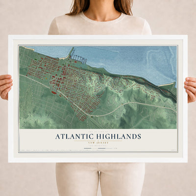 Atlantic Highlands, New Jersey map print, 18" x 24" W/ White Ayous Wood Frame mockup