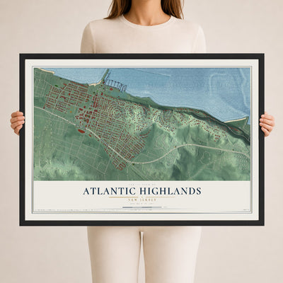 Atlantic Highlands, New Jersey map print, 24" x 36" W/ Black Ayous Wood Frame mockup