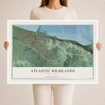 Atlantic Highlands, New Jersey map print, 24" x 36" W/ White Ayous Wood Frame mockup