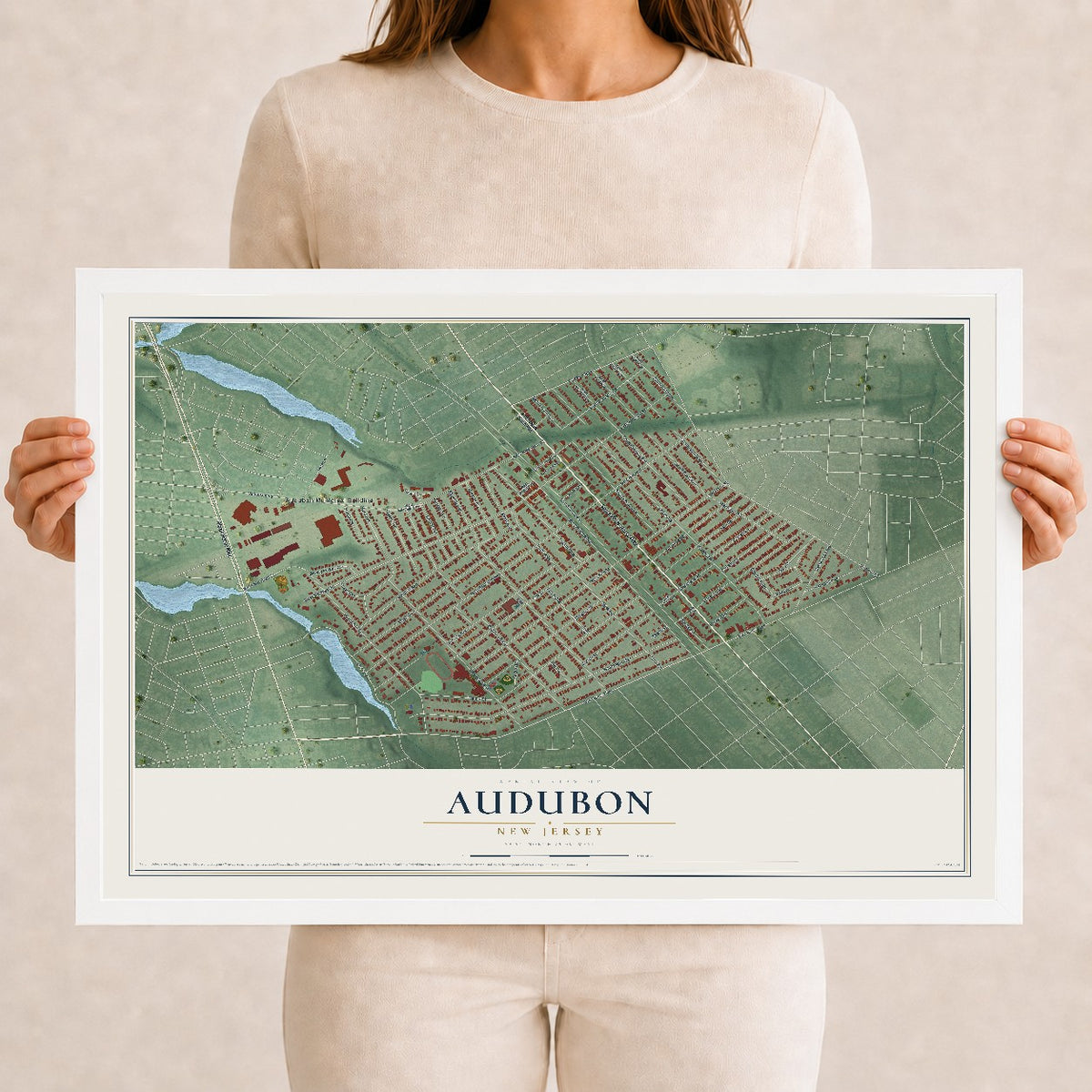 Audubon, New Jersey map print, 12" x 18" W/ White Ayous Wood Frame mockup