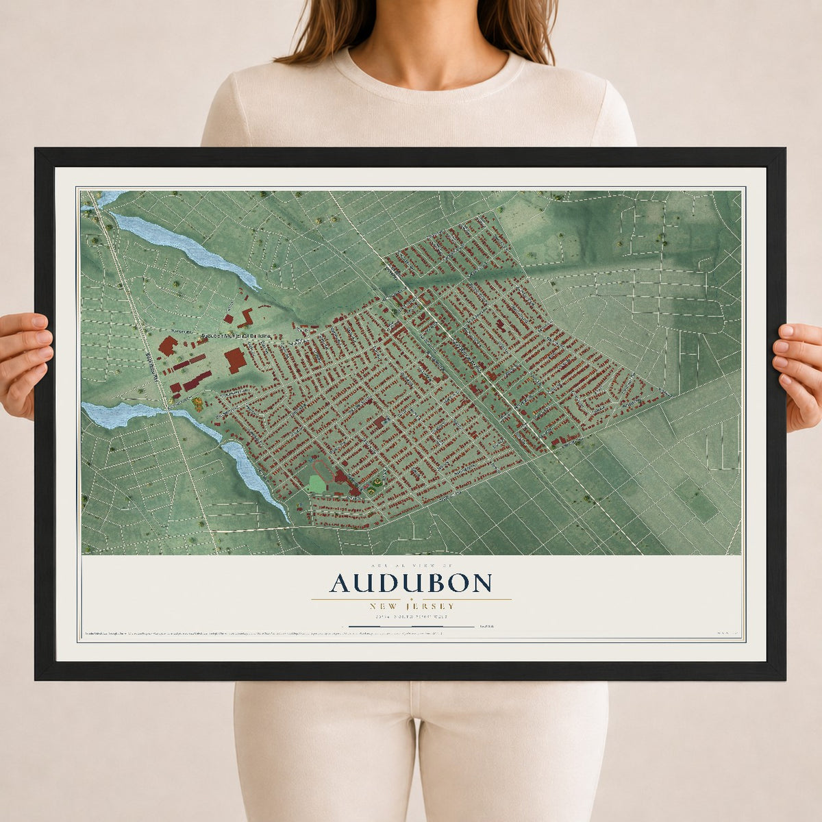 Audubon, New Jersey map print, 18" x 24" W/ Black Ayous Wood Frame mockup