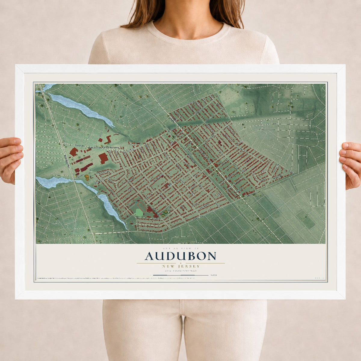 Audubon, New Jersey map print, 18" x 24" W/ White Ayous Wood Frame mockup
